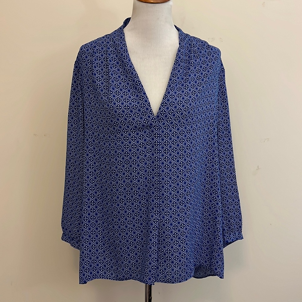 Laundry by Shelli Segal Blue & White High Low Long Sleeve Blouse Size XL